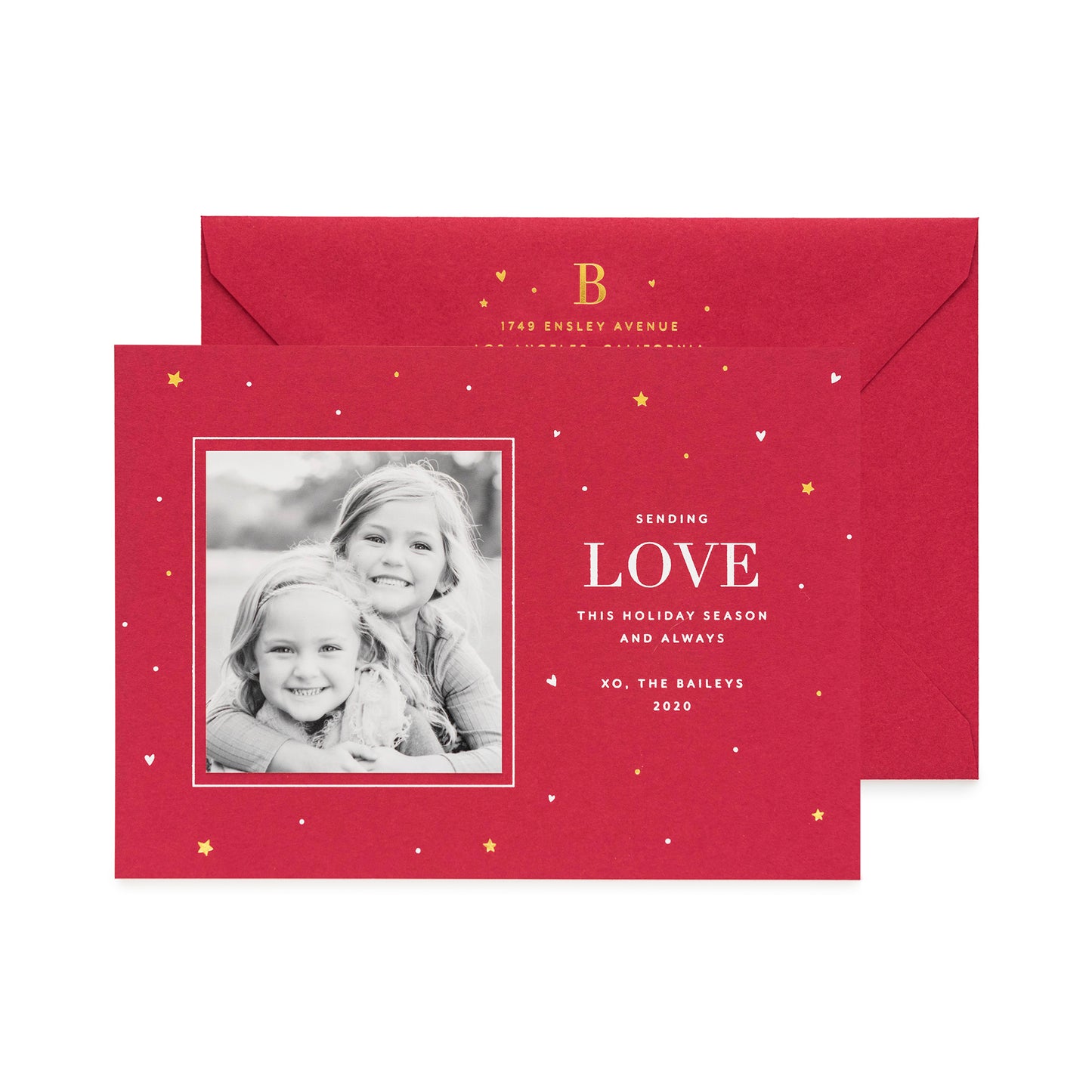 Red holiday photo card with Sending Love This Holiday Season and Always