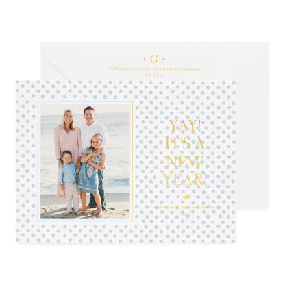 Blue dot photo holiday card with "Yay It's a New Year" in gold foil.