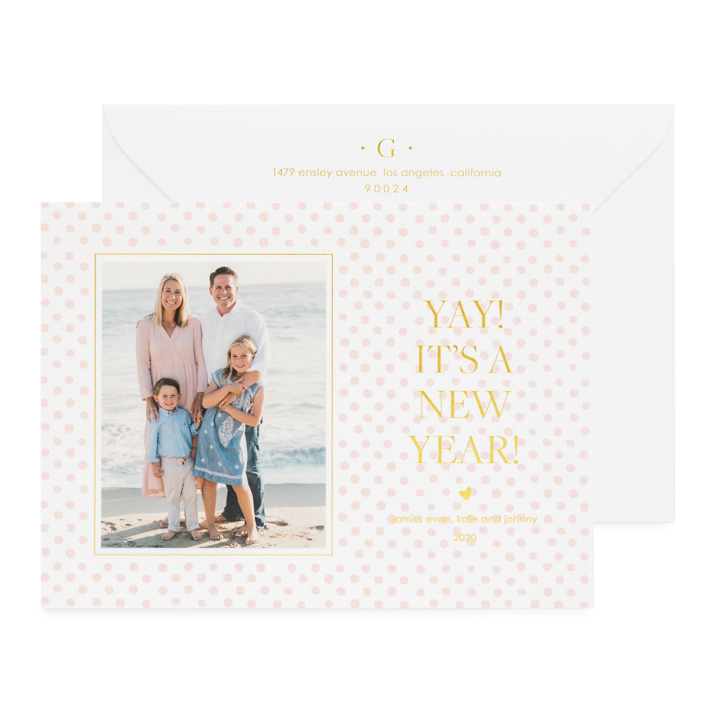 Pink dot photo holiday card with "Yay It's a New Year" in gold foil.