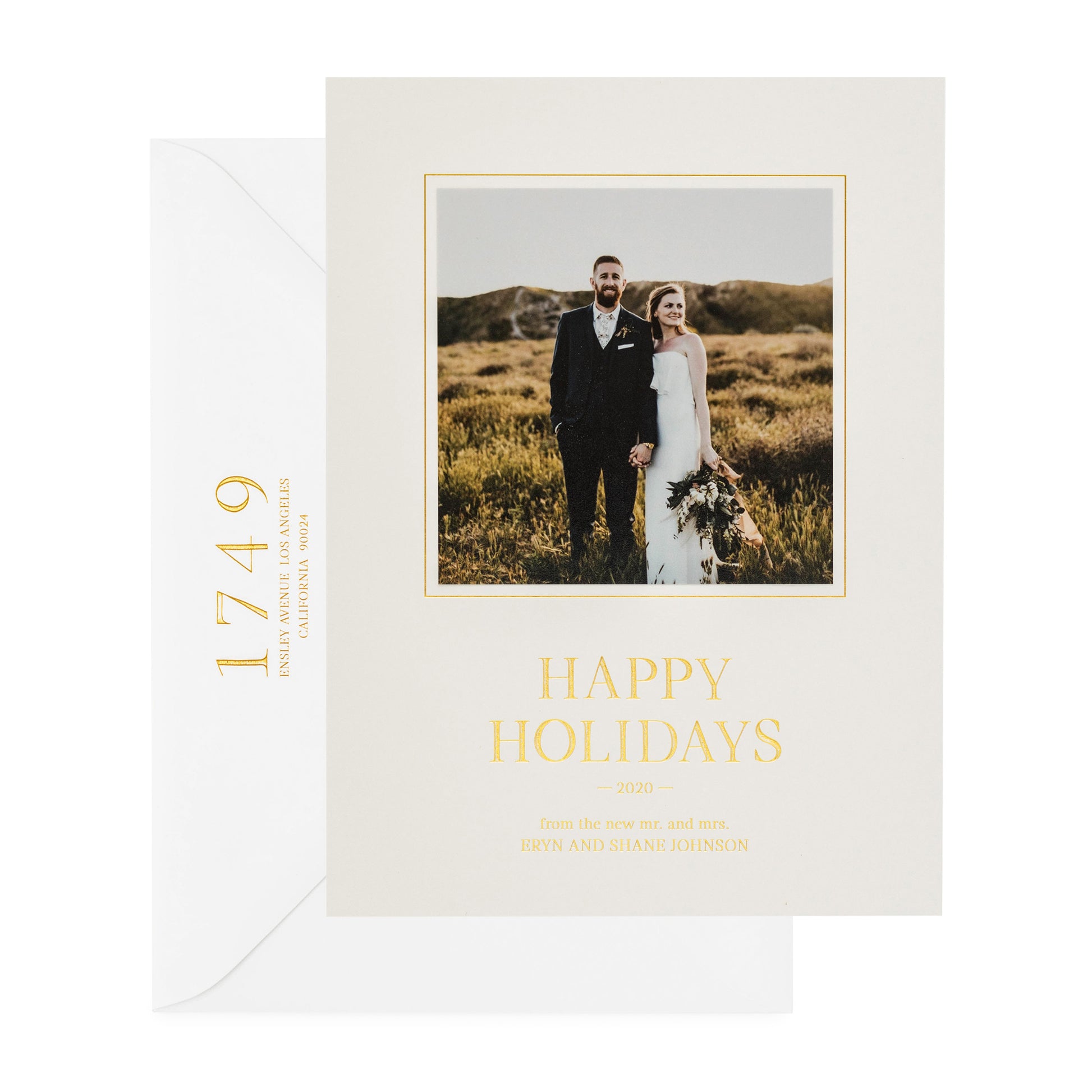 Grey holiday photo card with "Happy Holidays" in gold foil