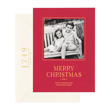 Red holiday photo card with "Merry Christmas" in gold foil