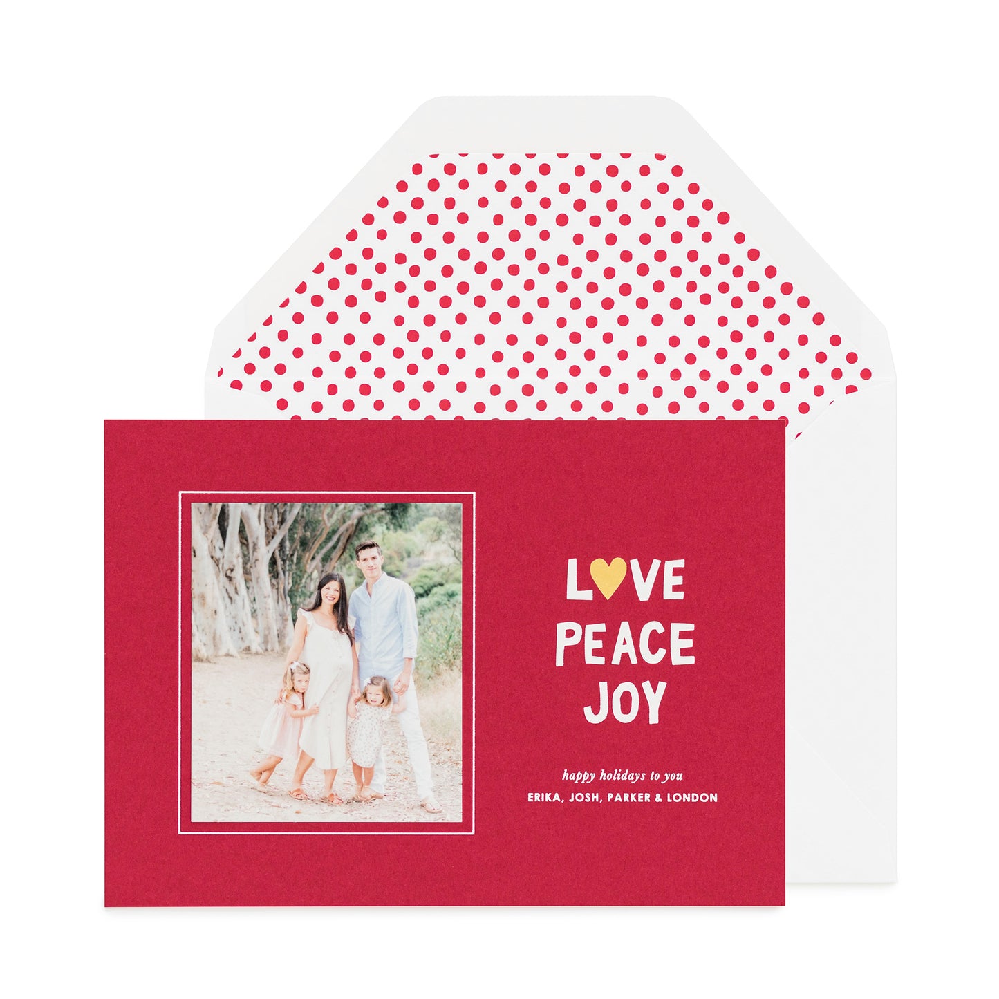 Red holiday photo card with Love Peace Joy and dot envelope liner.