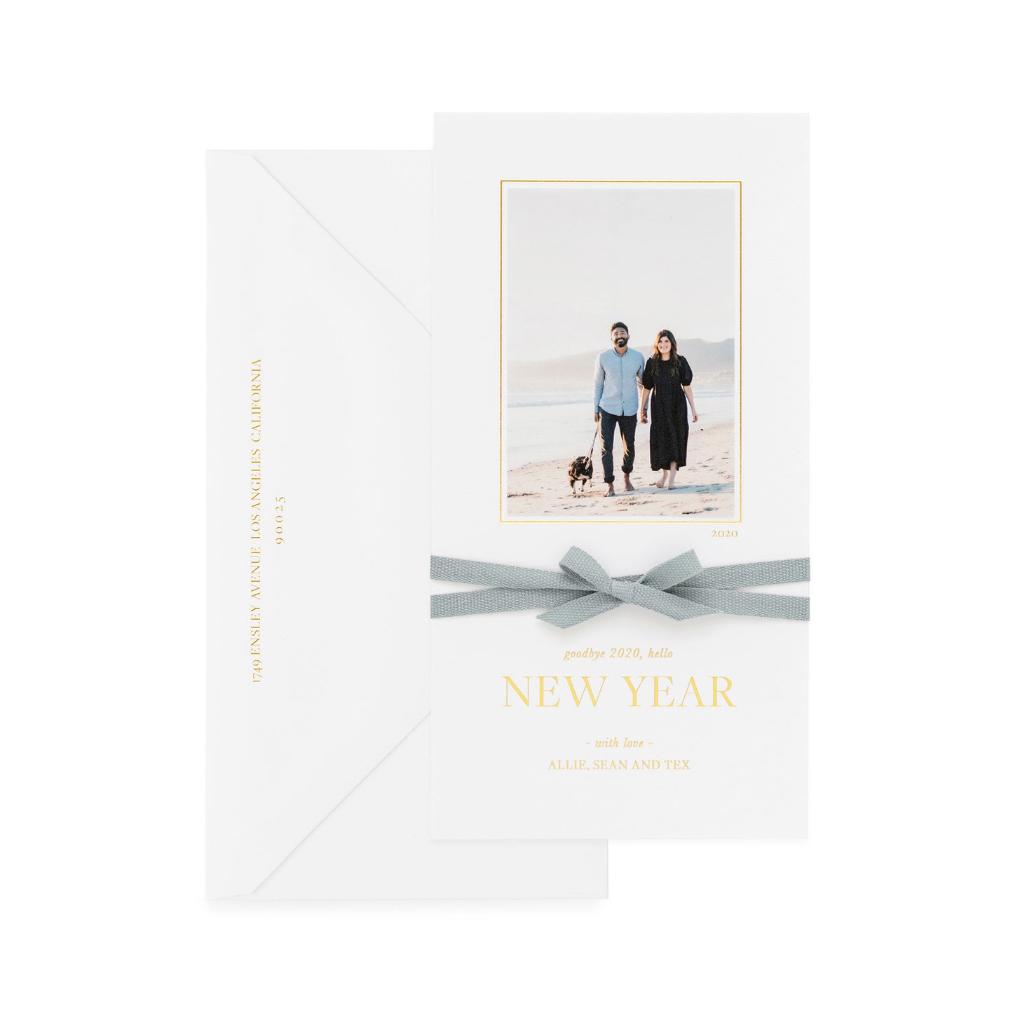 White holiday photo card with goodbye 2020, hello new year with a blue ribbon