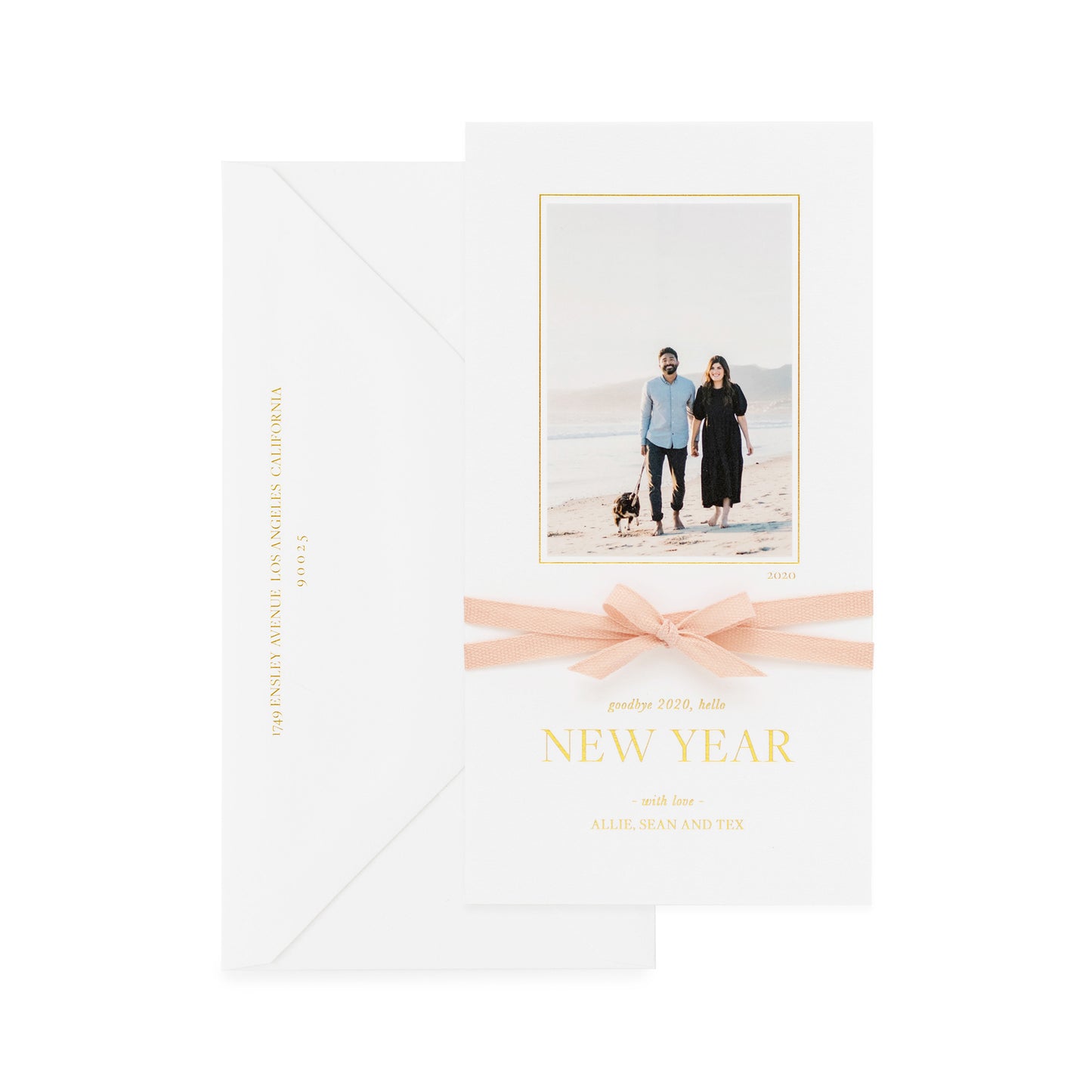 White holiday photo card with goodbye 2020, hello new year with a pink ribbon