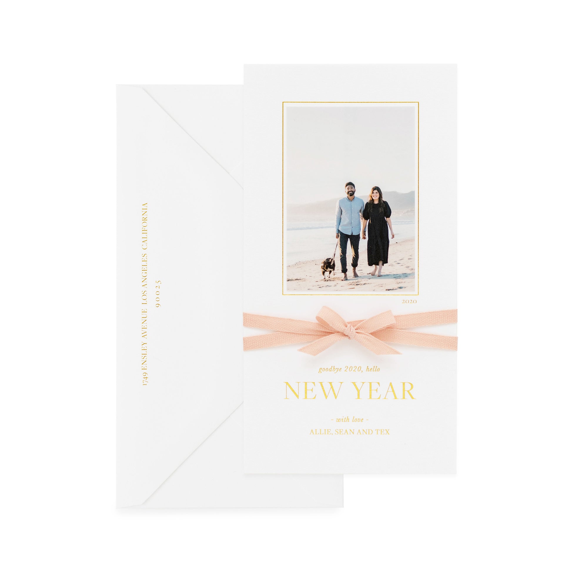 White holiday photo card with goodbye 2020, hello new year with a pink ribbon