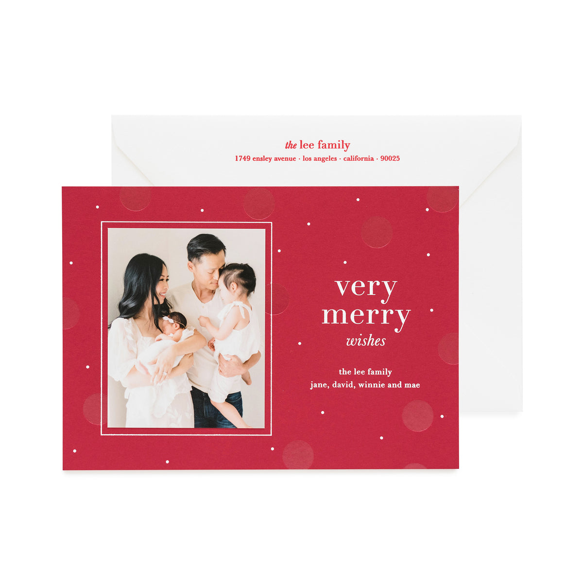 Red holiday photo card with Very Merry Wishes