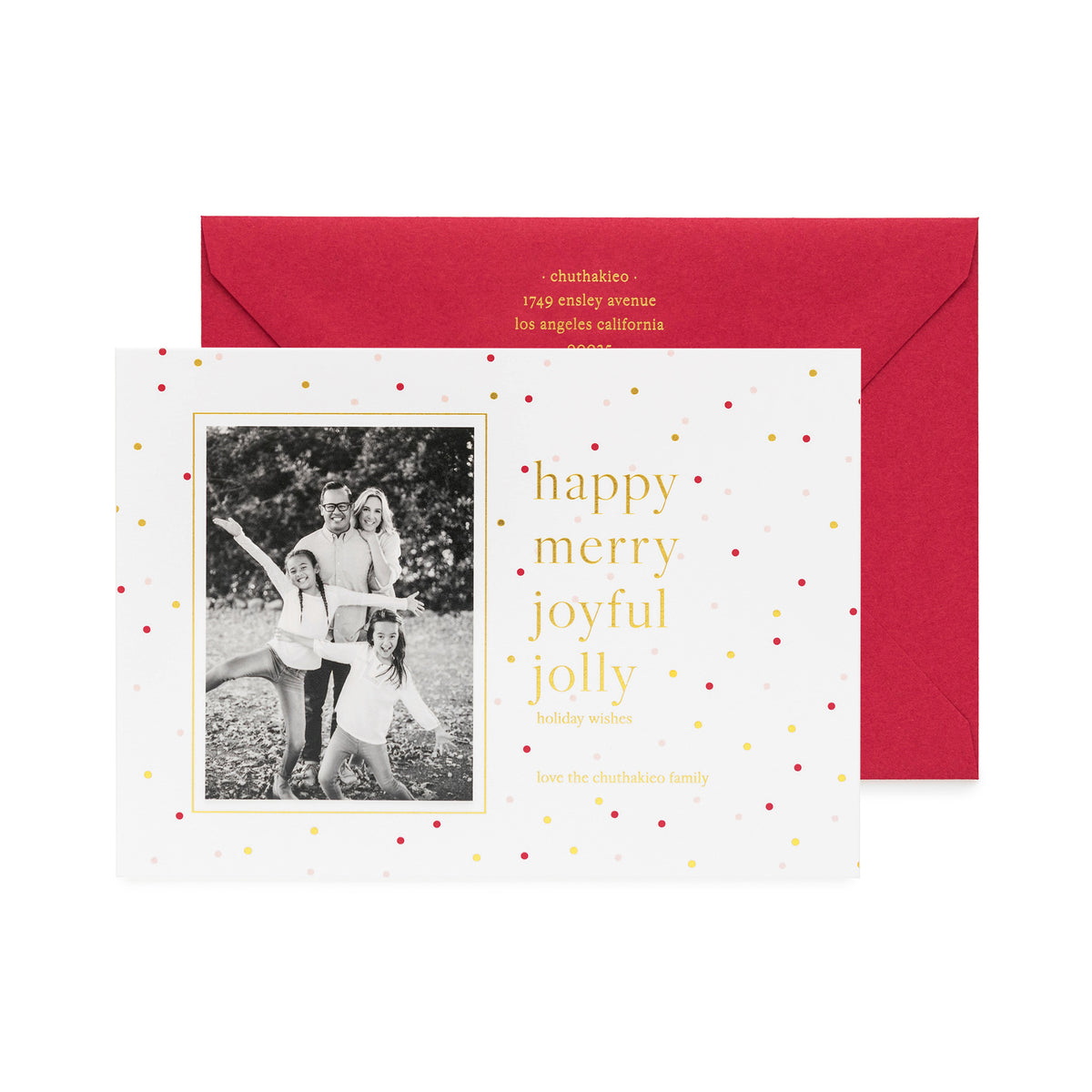 Red and gold dot holiday card with Happy Merry Joyful Jolly