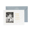 Blue and gold holiday dot photo card with Happy Warm Winter Wishes