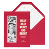 Red holiday photo card with photo strip with Holly Jolly Merry and Bright