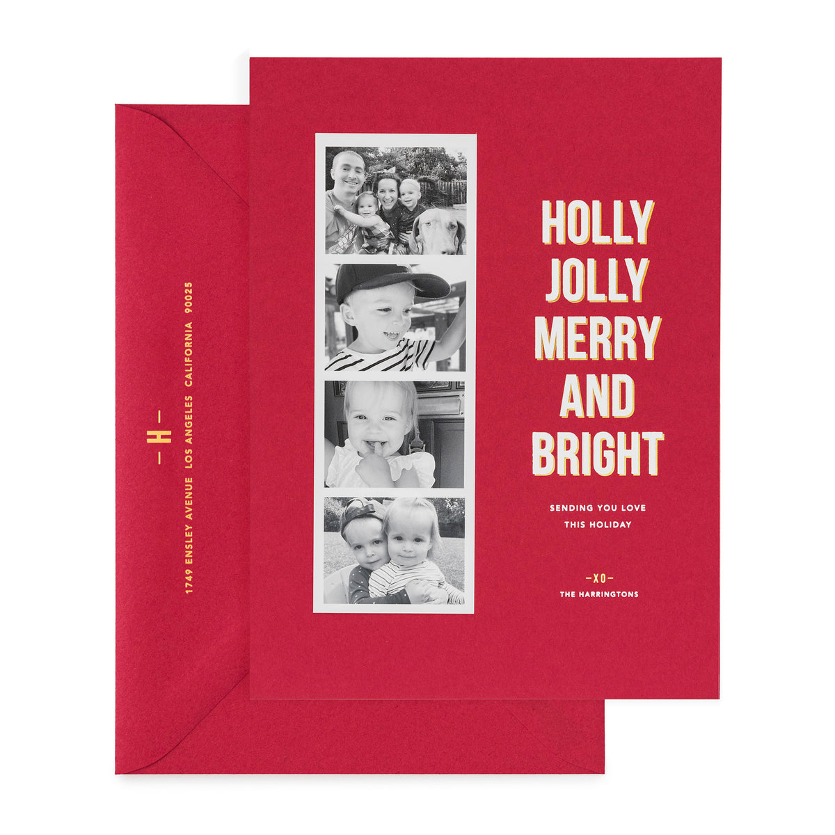 Red holiday photo card with photo strip with Holly Jolly Merry and Bright showing gold foil address on envelope