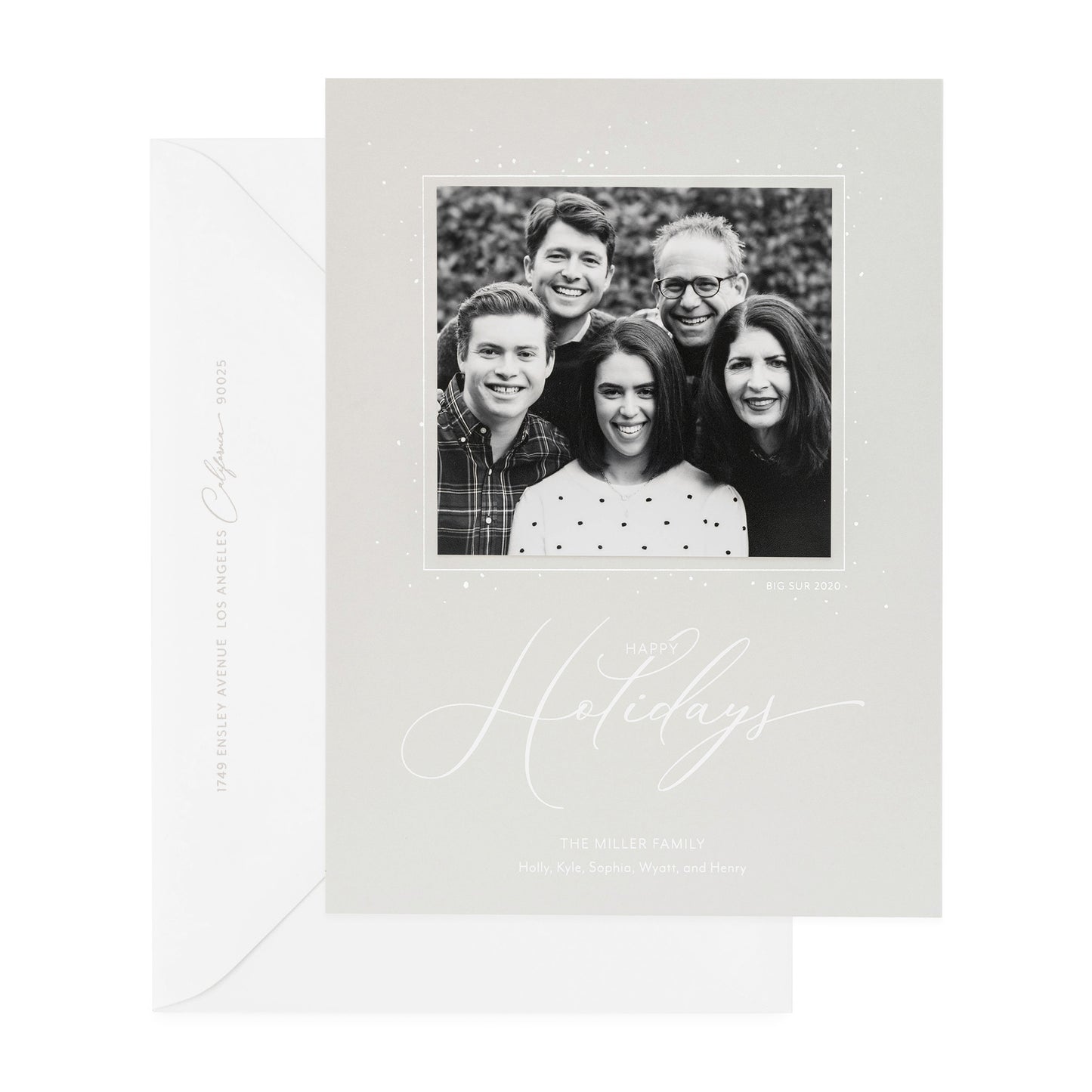 Grey holiday photo card with "Happy Holidays" in white foil.