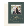 Green holiday photo card with "Merry Christmas" in gold foil