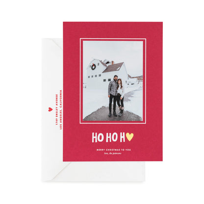 Red holiday photo card with Ho Ho Heart.