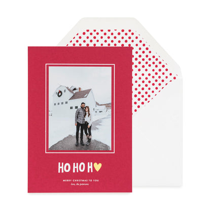 Red holiday photo card with Ho HO Heart and red dot liner