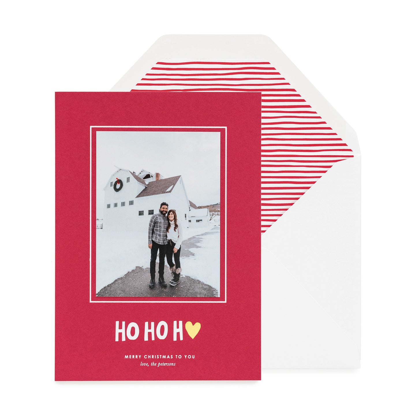 Red holiday photo card with Ho Ho Heart and red stripe liner