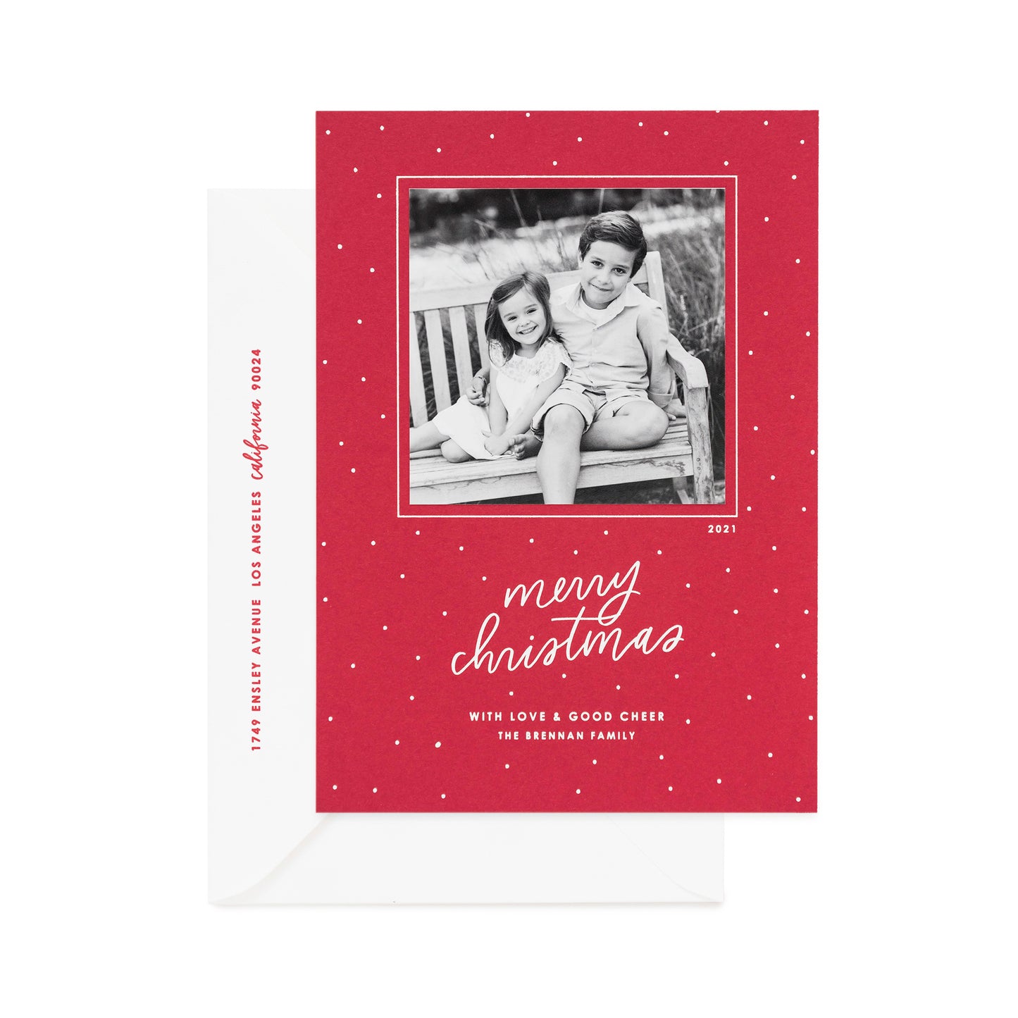 Red with white dot merry christmas holiday photo card