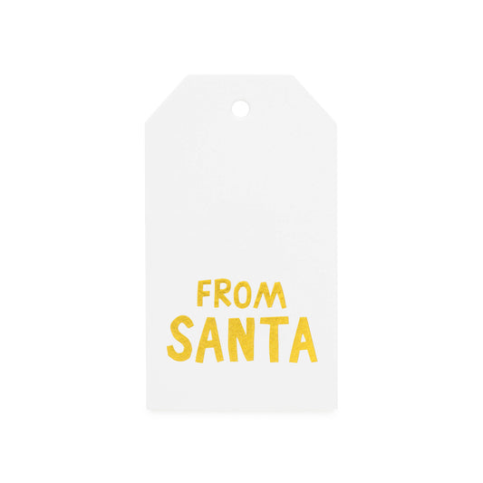 white gift tag with "from santa" in gold foil