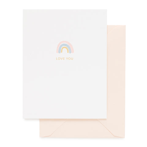 I love you rainbow card in pink, blue and gold with a pink envelope