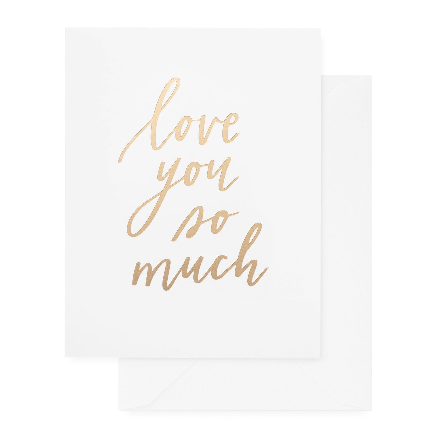 white card with champagne foil love you so much script, white envelope