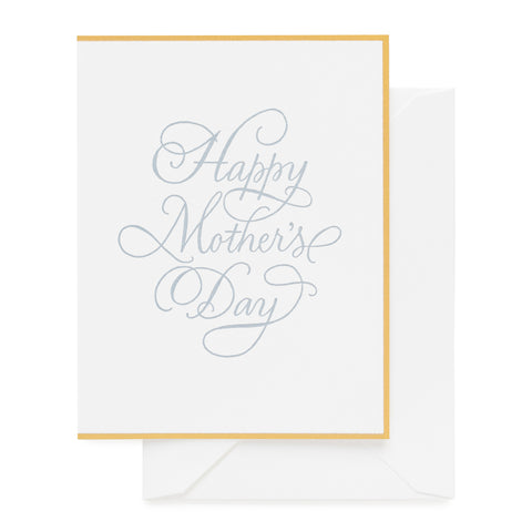 Gold bordered white card printed with Happy Mother's Day in calligraphy in blue ink