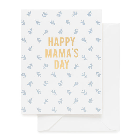 Blue flower card printed with Happy Mama's Day in gold foil