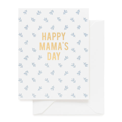 Blue flower card printed with Happy Mama's Day in gold foil