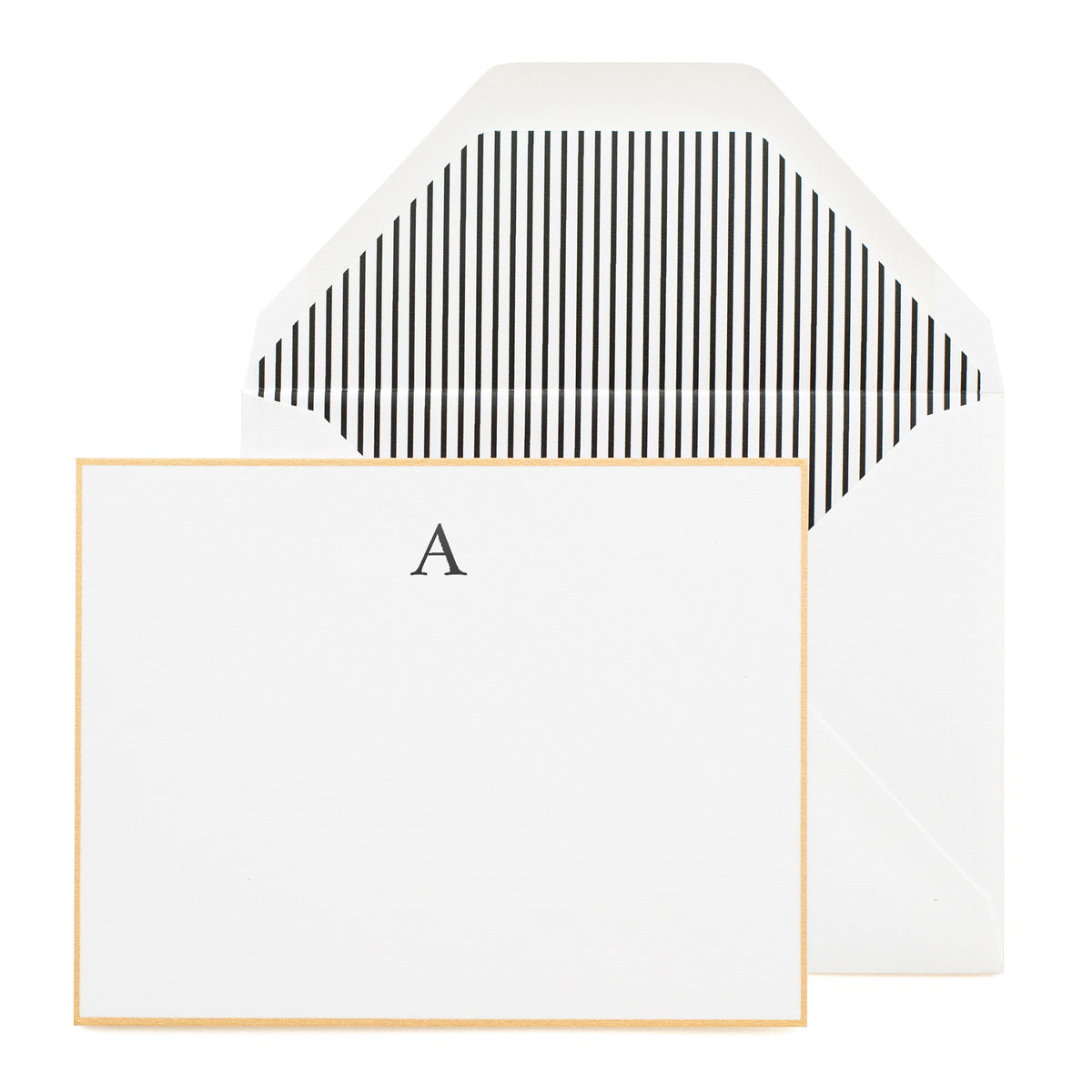 Gold Bordered Flat Note Card with Black Monogram Initial.