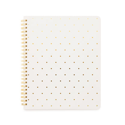 White spiral notebook with gold foil dots