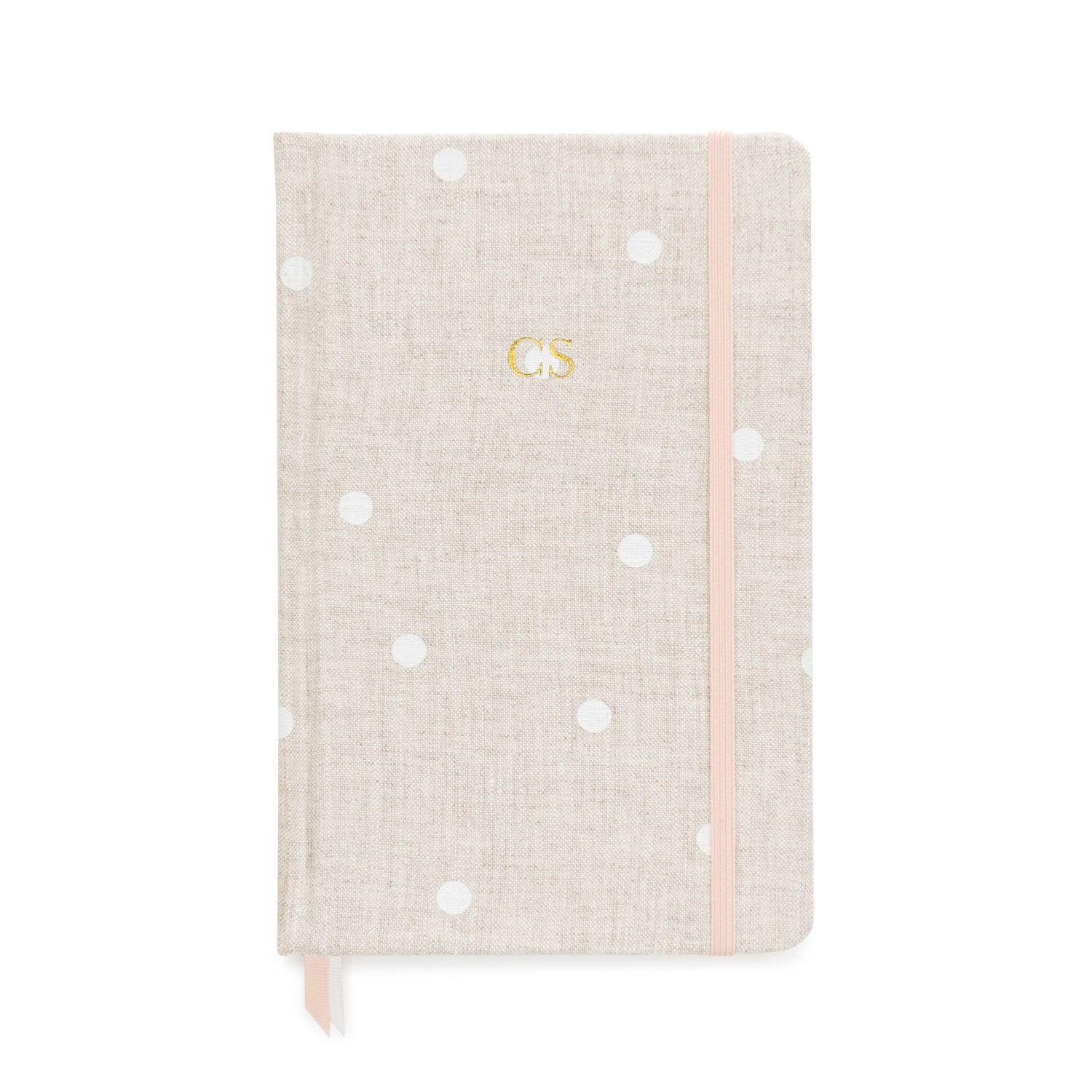 Flax and white dot journal with gold monogram}