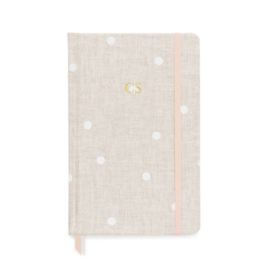 Flax and white dot journal with gold monogram