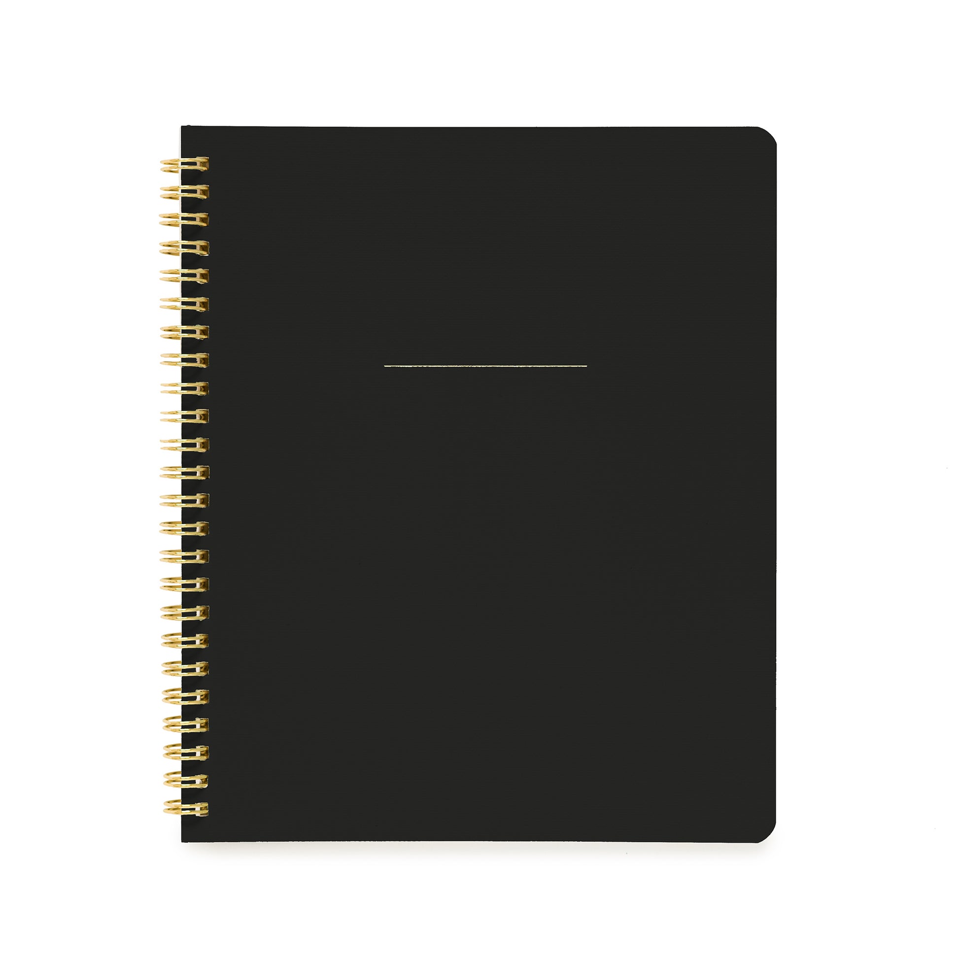 Black spiral notebook and gold foil details