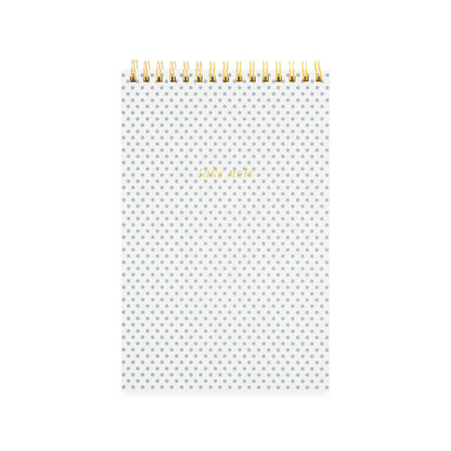 topbound spiral notebook with blue dots and "take note" in gold foil