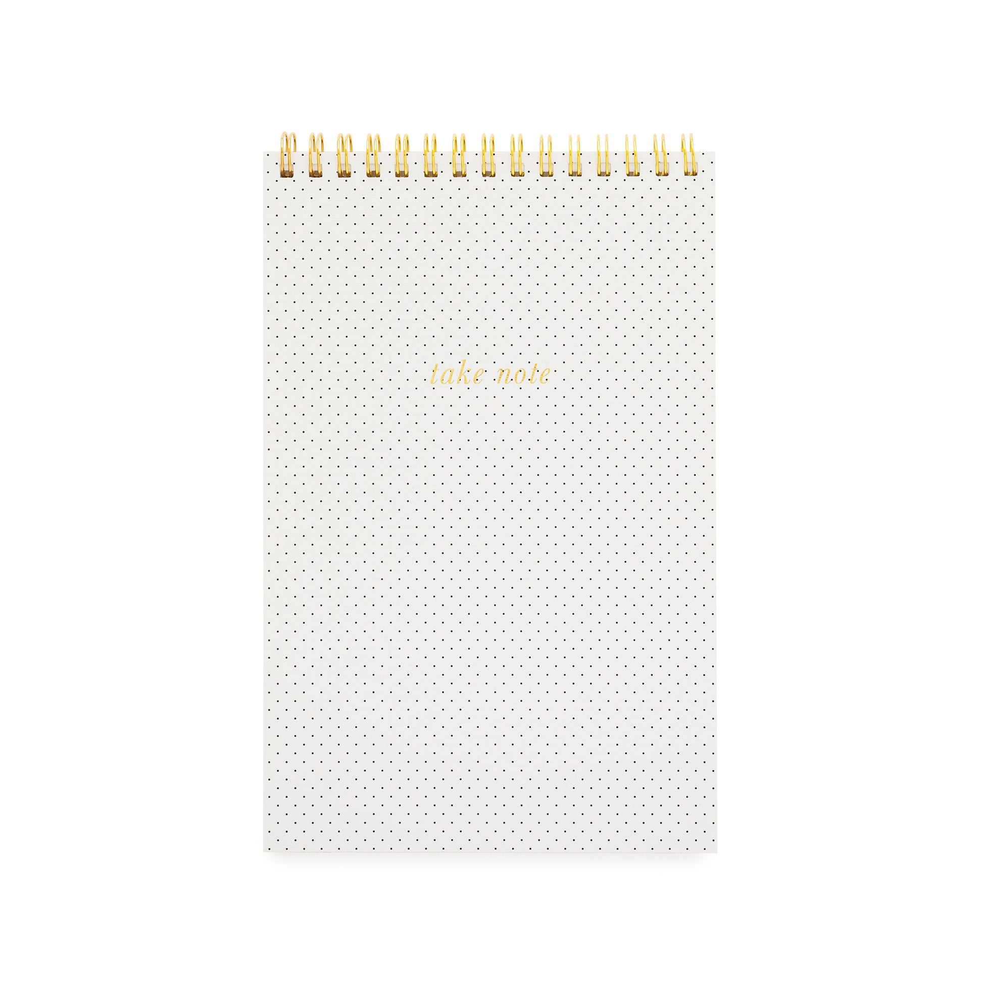 topbound spiral notebook with black pindots and "take note" in gold foil