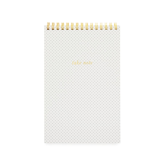 topbound spiral notebook with black pindots and "take note" in gold foil