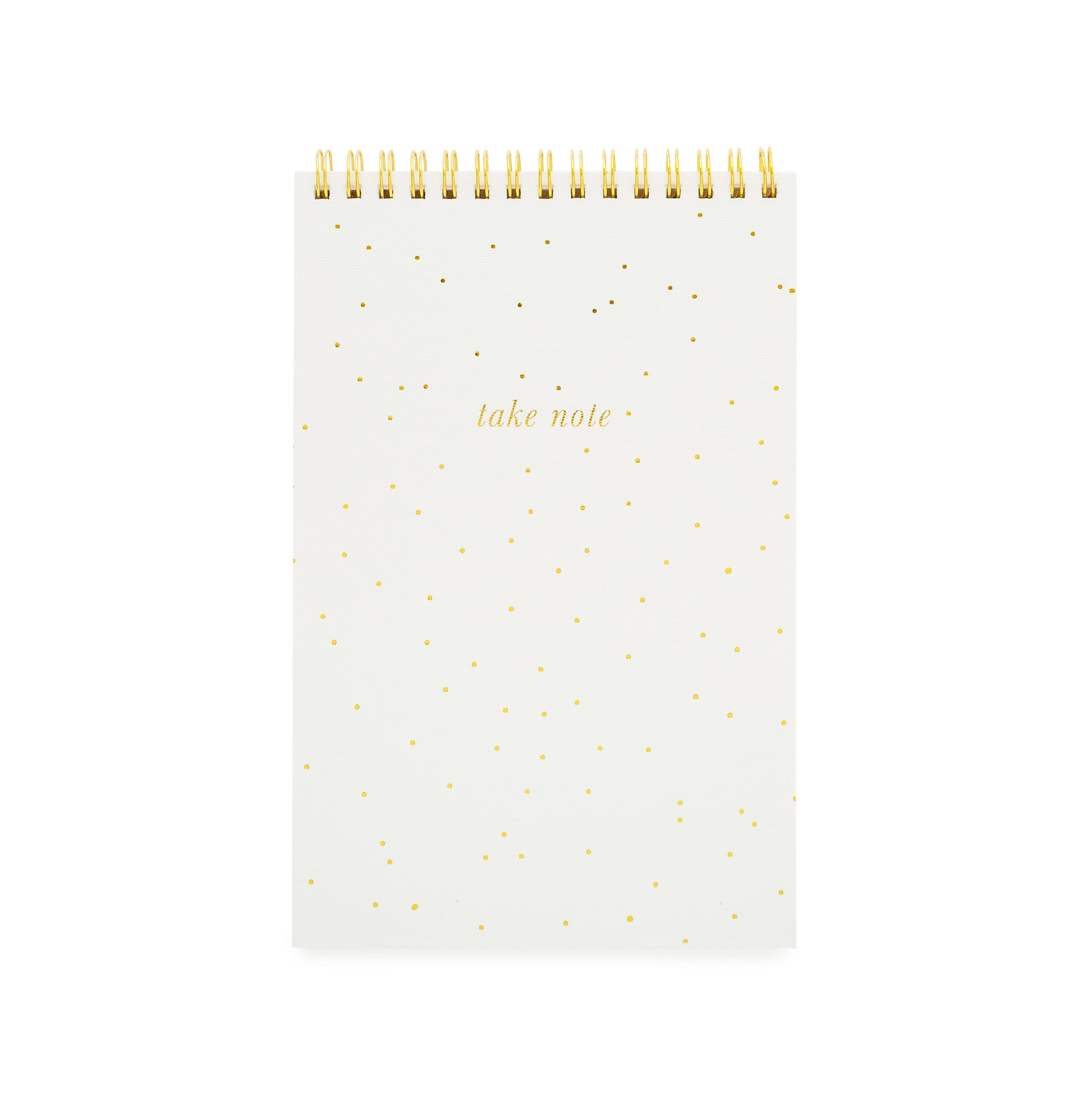 topbound spiral notebook with scattered gold dots and "take note" in gold foil