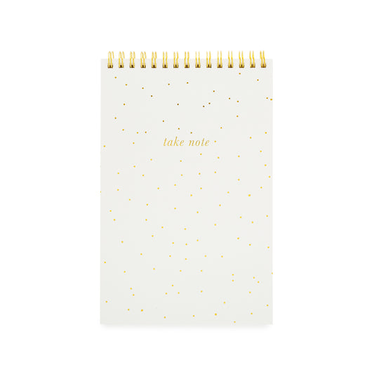topbound spiral notebook with scattered gold dots and "take note" in gold foil