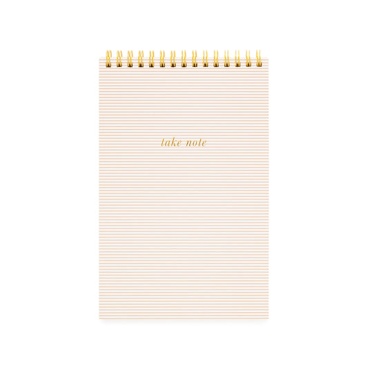topbound spiral notebook with thin rose stripes and "take note" in gold foil