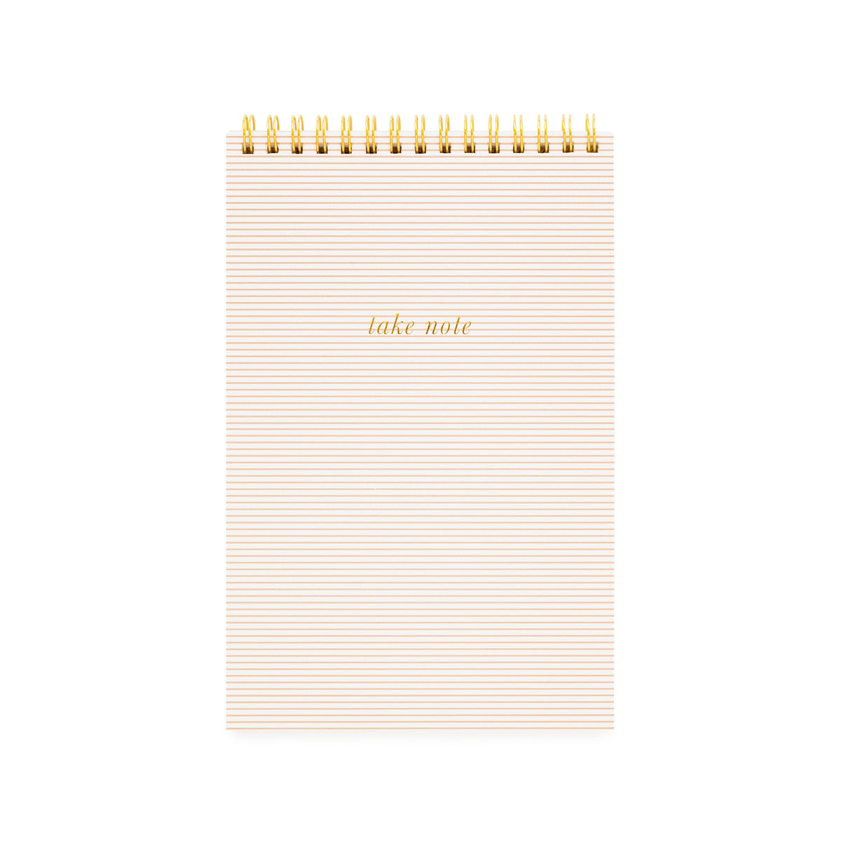 topbound spiral notebook with thin rose stripes and "take note" in gold foil