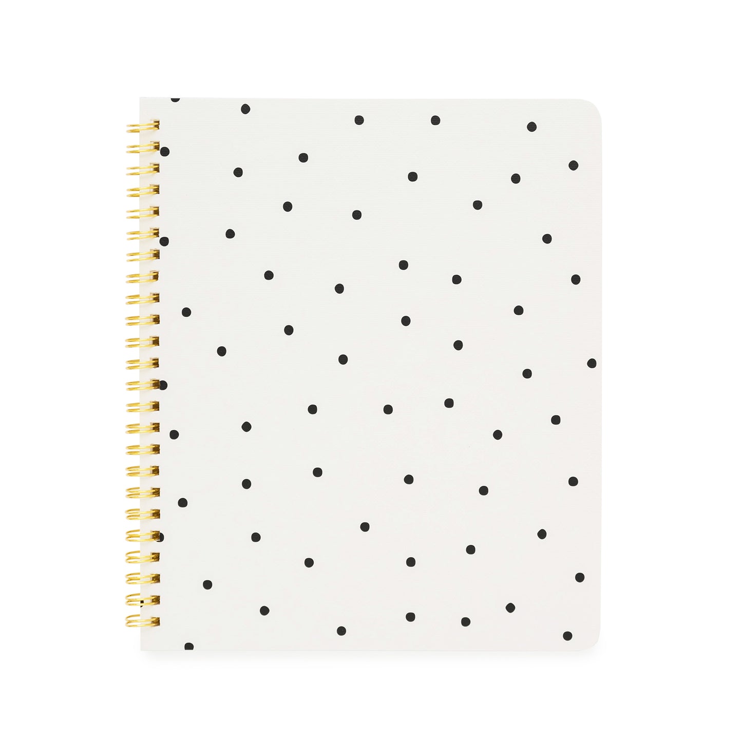 cream spiral notebook with scattered black dots and gold spiral