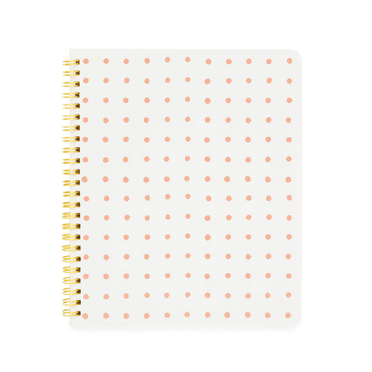 white spiral notebook with rose dots and gold spiral