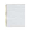 white spiral notebook with blue painted stripes and gold spiral