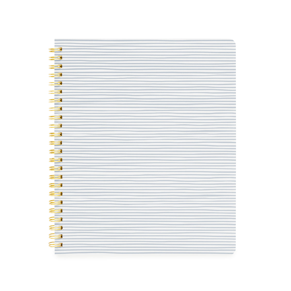 white spiral notebook with blue painted stripes and gold spiral