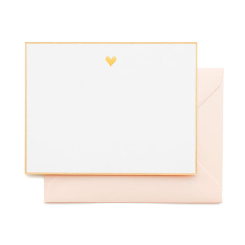 Gold Bordered Flat Note Card Set with gold heart and pale pink envelope