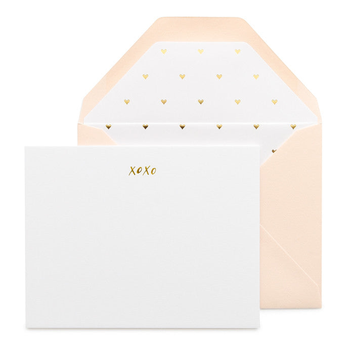XOXO note set with pale pink envelope and gold foil heart liner