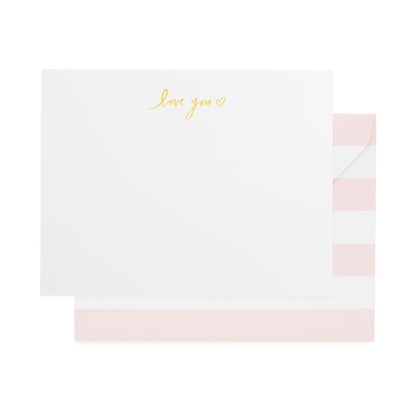 white cards with love you heart in goil foil note set with pink and white striped envelopes