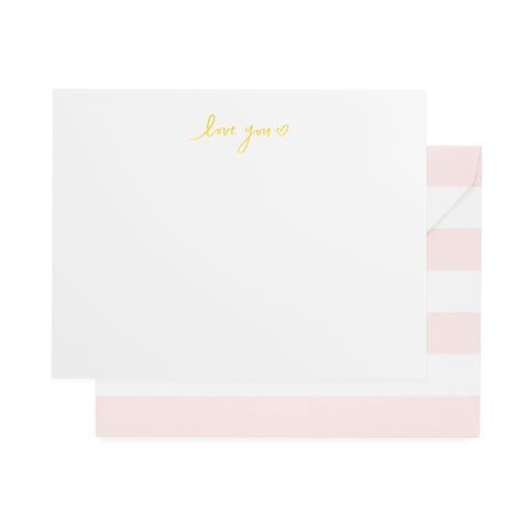 white cards with love you heart in goil foil note set with pink and white striped envelopes