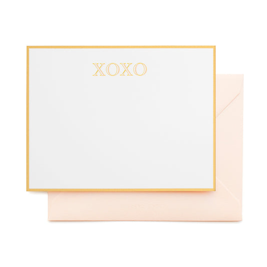 white cards with gold border and pink and gold XOXO note set, pale pink envelopes