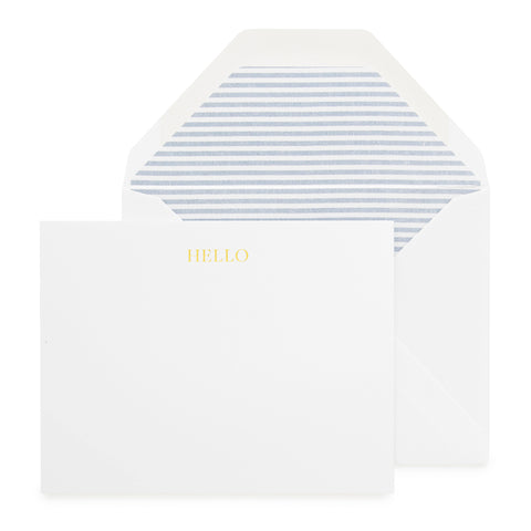 Gold foil hello note with blue ticking stripe liner