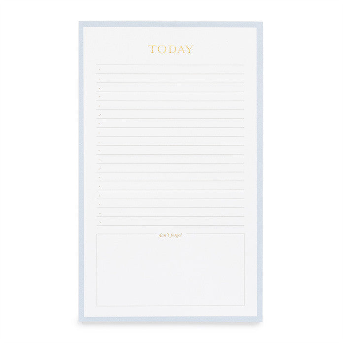 Blue bordered notepad with gold foil "Today" for daily planning.