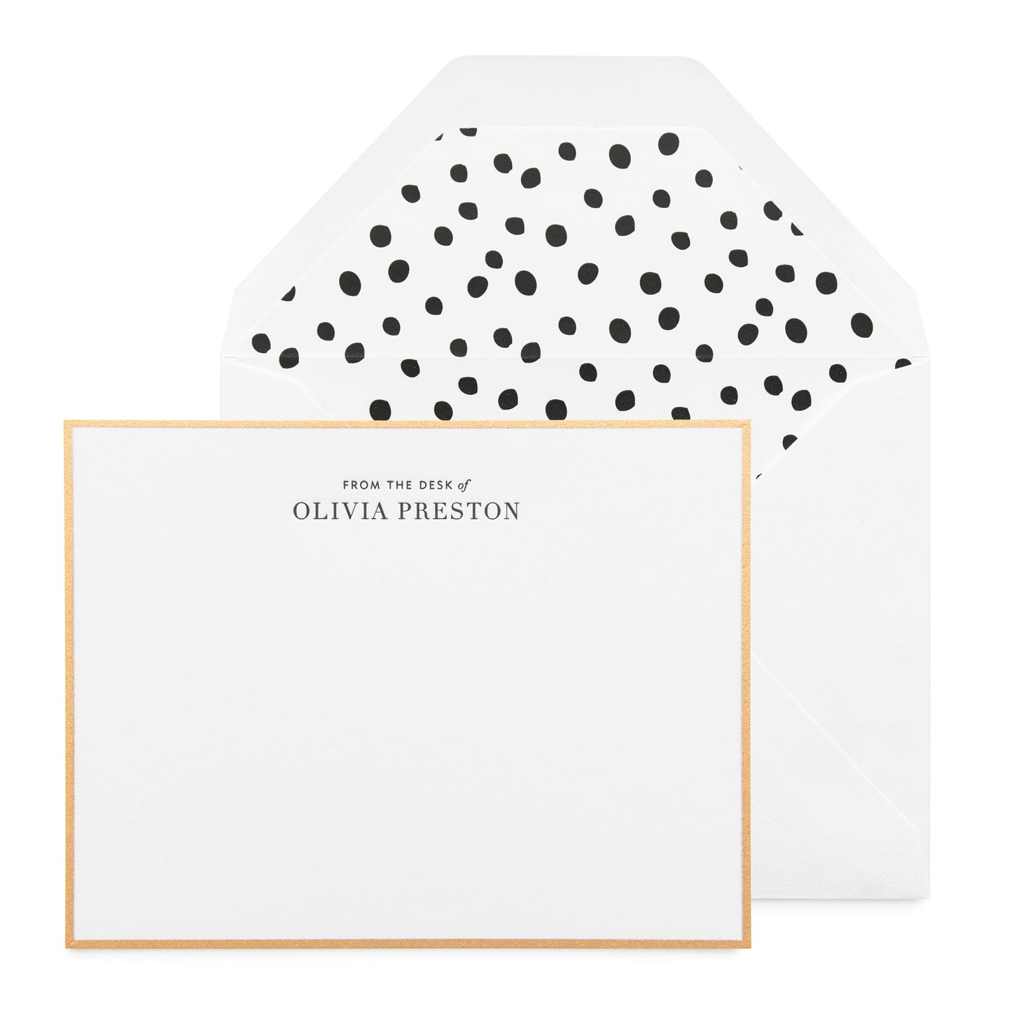 Black and white custom stationery printed with from the desk of, gold border and dalmatian dot liner